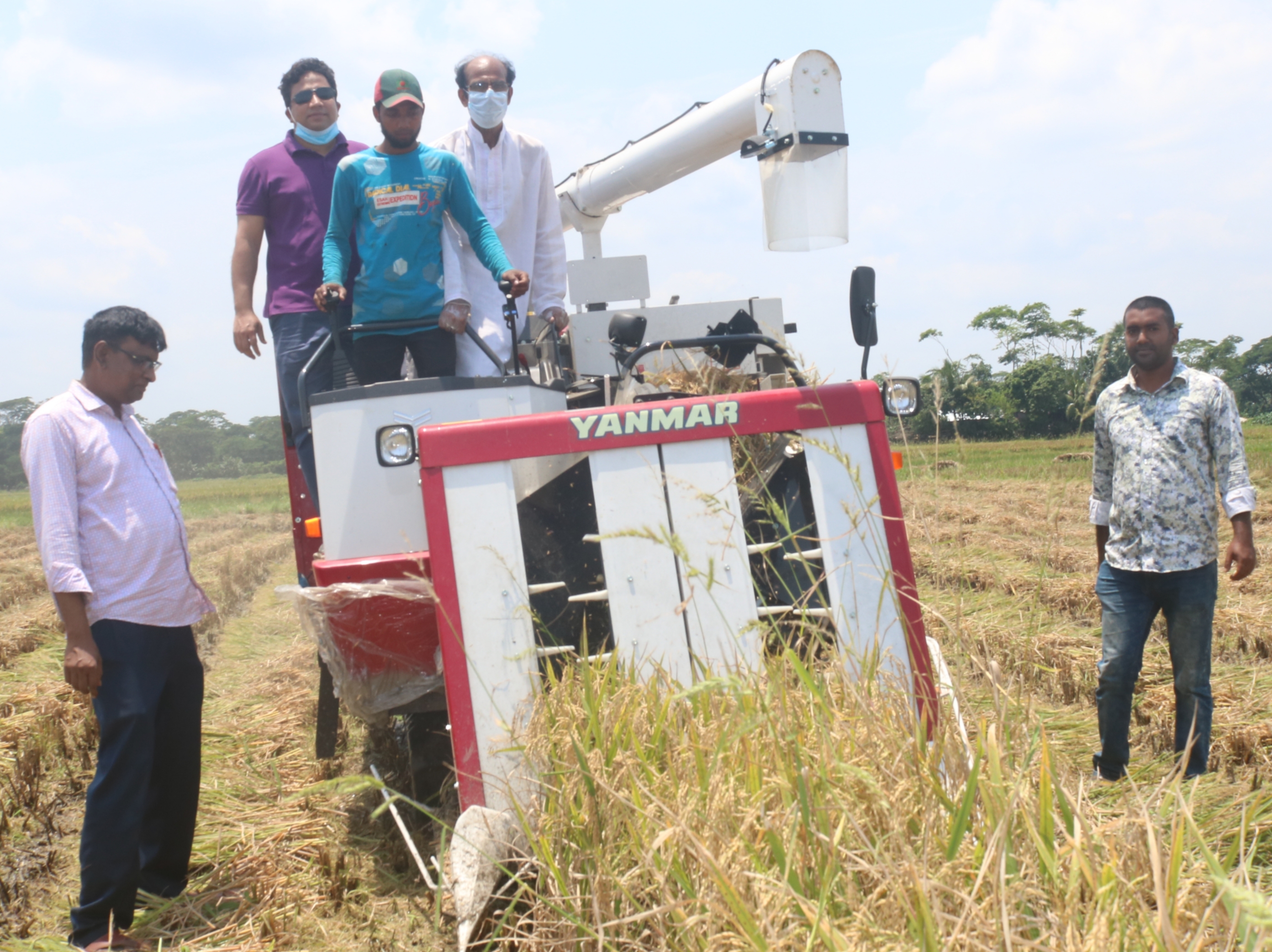 করোনা ভাইরাসের কারণে শ্রমিক সংকটে   আগৈলঝাড়ায় যান্ত্রিক পদ্ধতিতে বোরো ধান কাটা ও মাড়াই শুরু